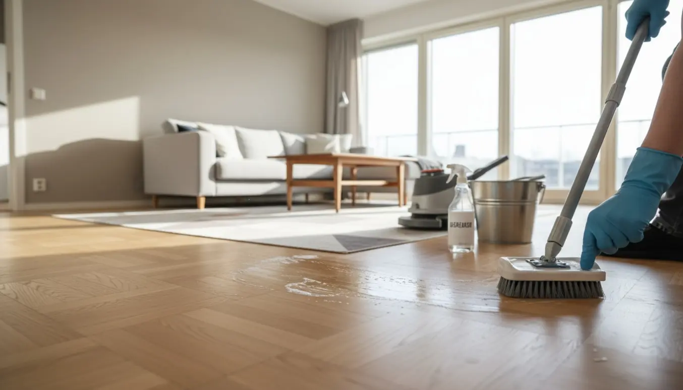 Gulvrens i en lys lejlighed: hænder med handsker renser glatte trægulve med moppe og skrubbeudstyr.
