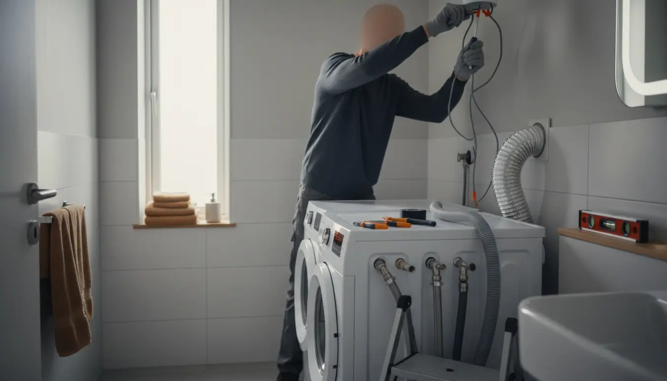 Hænder forbinder vaskemaskine og tørretumbler og monterer to loftlamper i et lille badeværelse.