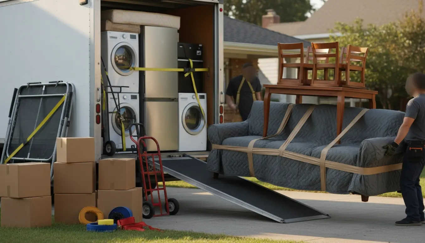 Åben flyttevogn på en solrig indkørsel med sofa, spisebord, hvidevarer og flyttekasser klar til losning.