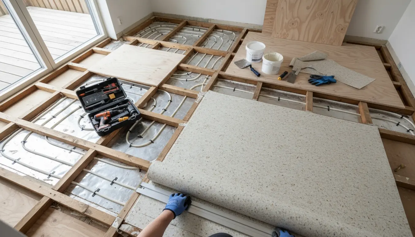 Køkken under gulvrenovering med nye spær, vandbåren gulvvarme og delvist udrullet Marmoleum.