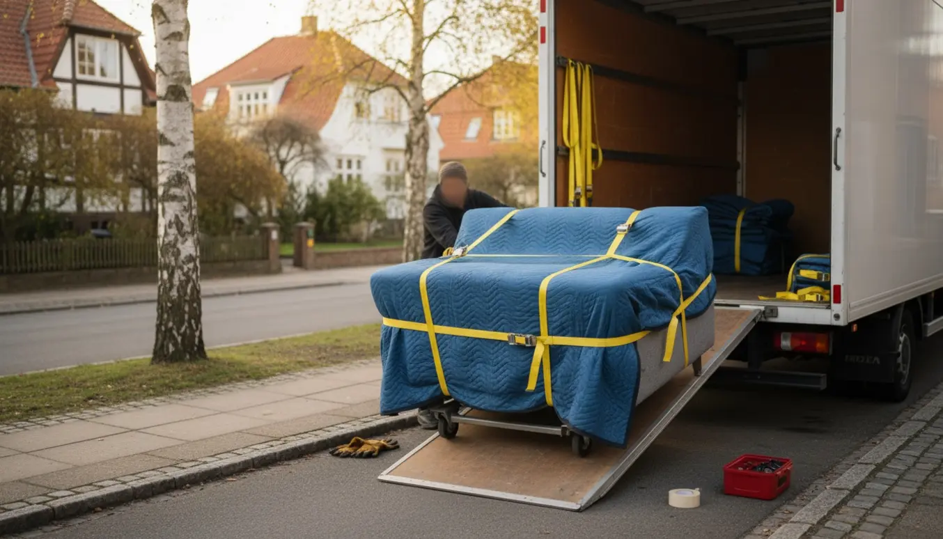 Sofa bliver læsset i en flyttevogn på en rolig villavej med flyttetæpper og sækkevogn.