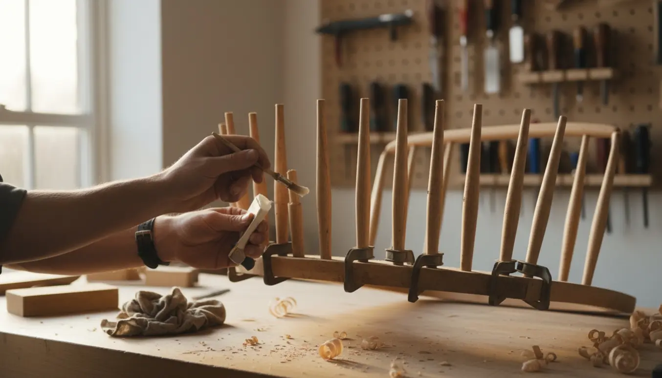 Nærbillede af hænder, der limer og klemmer pindestolens pinde sammen ved et arbejdsbord i et lyst værksted.