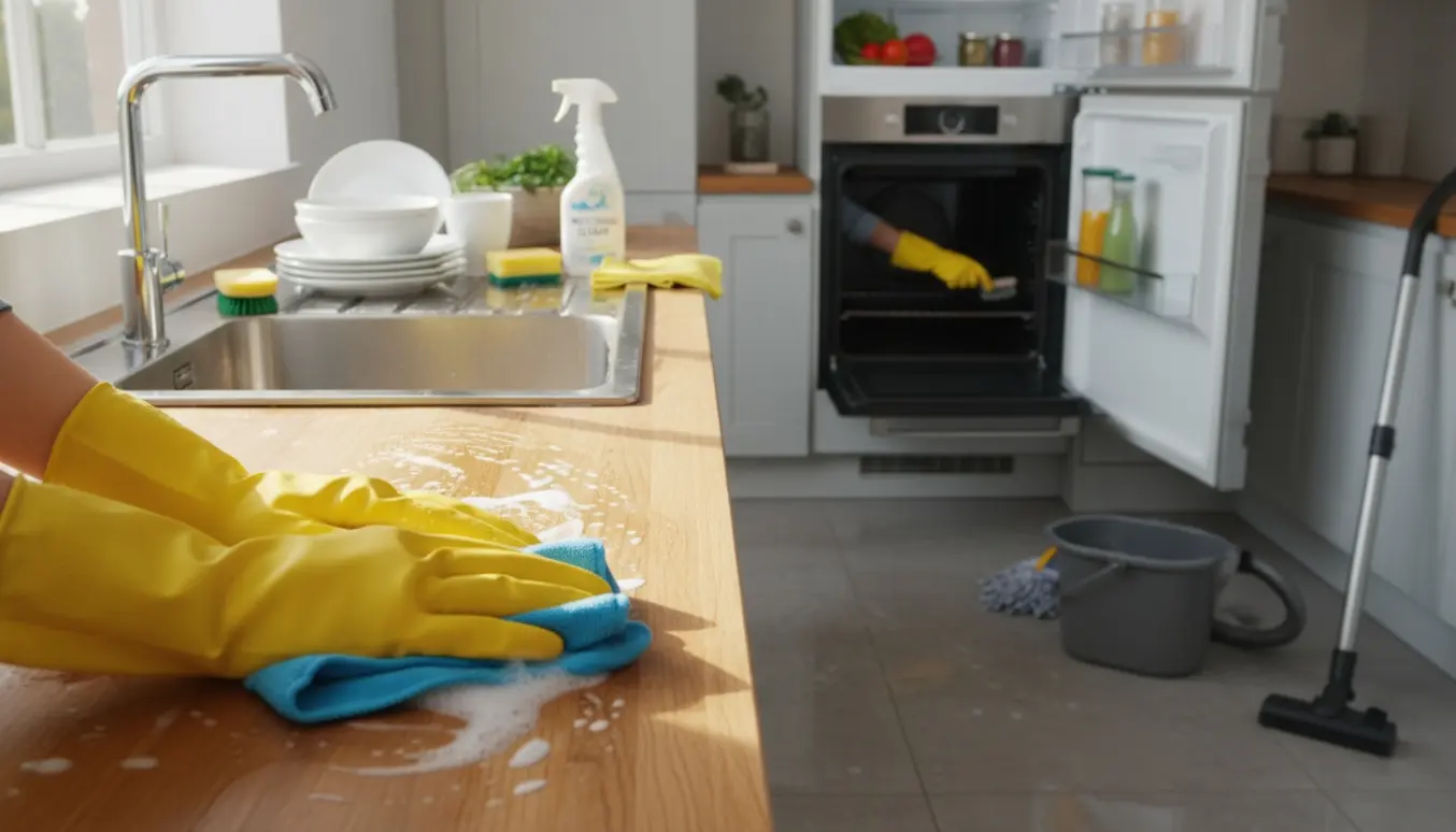 Køkkenscene med handsker, opvask i vask, åben fyldt køleskab og aftørring af bordet.