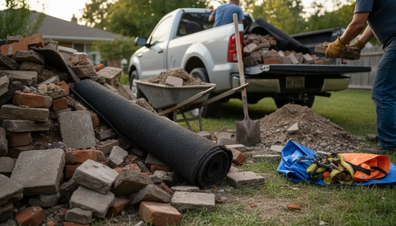 Nedrivningsaffald med betonsten, tagpap og murbrokker læsses i en åben ladbil.