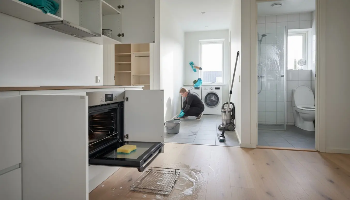 Flytterengøring i en tom lejlighed med åben ovn, afkalket brusekabine og rengjorte flisefuger.
