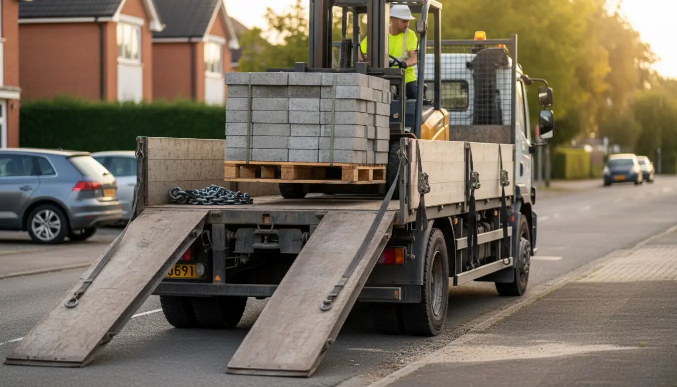 Stor lastbil og gaffeltruck læsser tunge betonfliser fra vejkanten i blødt eftermiddagslys.