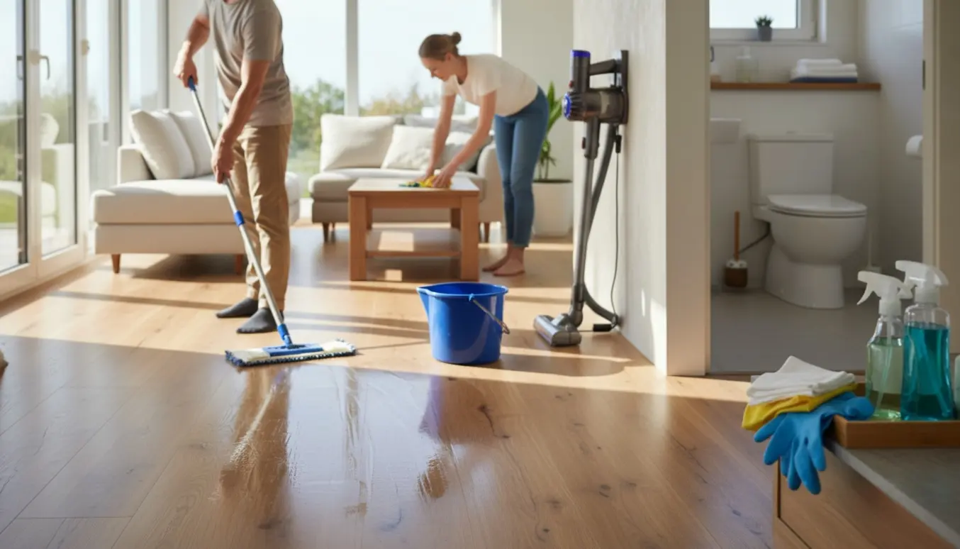 Person vasker trægulv i et lyst privat hjem med rengøringsmidler og et skinnende badeværelse i baggrunden.