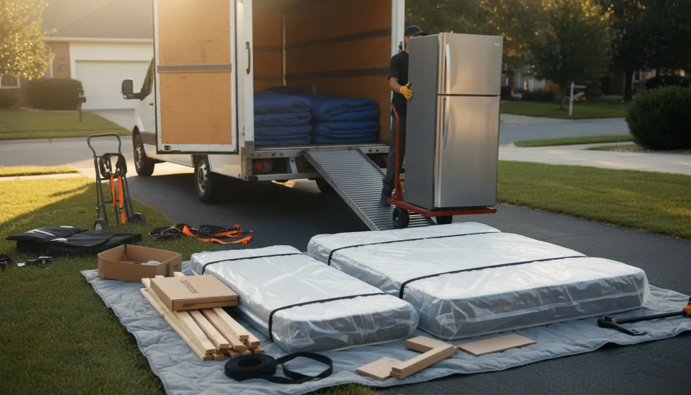 Flyttescene med to enkeltsenge, en dobbeltseng og et kølefryseskab ved at blive læsset i en varevogn.