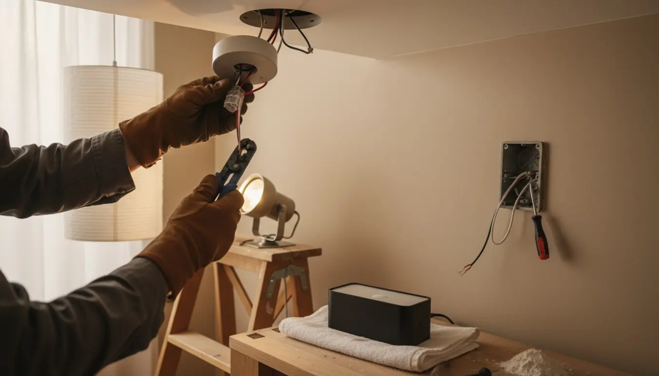 Nærbillede af hænder, der monterer lamper og reparerer en løs stikdåse med værktøj og ledninger.