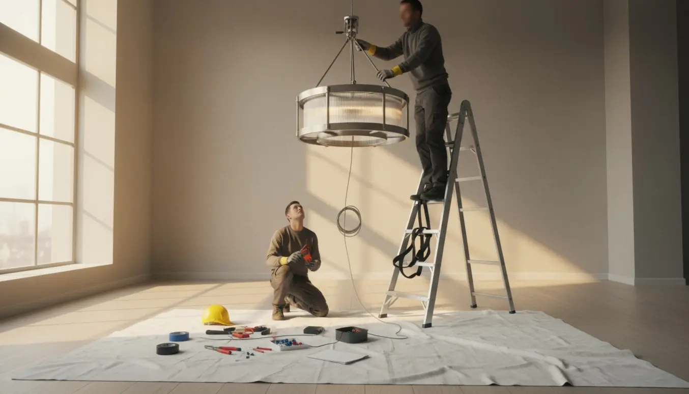 En lampe hænges op i et højt loft med stige, elværktøj og synlige ledninger.