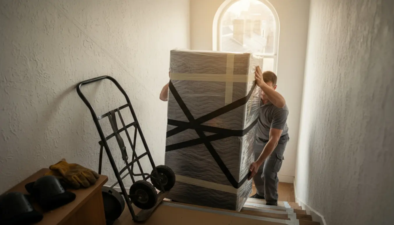 To flyttemænd bærer et indpakket og fastgjort køleskab ned ad en smal trappe uden at åbne det.