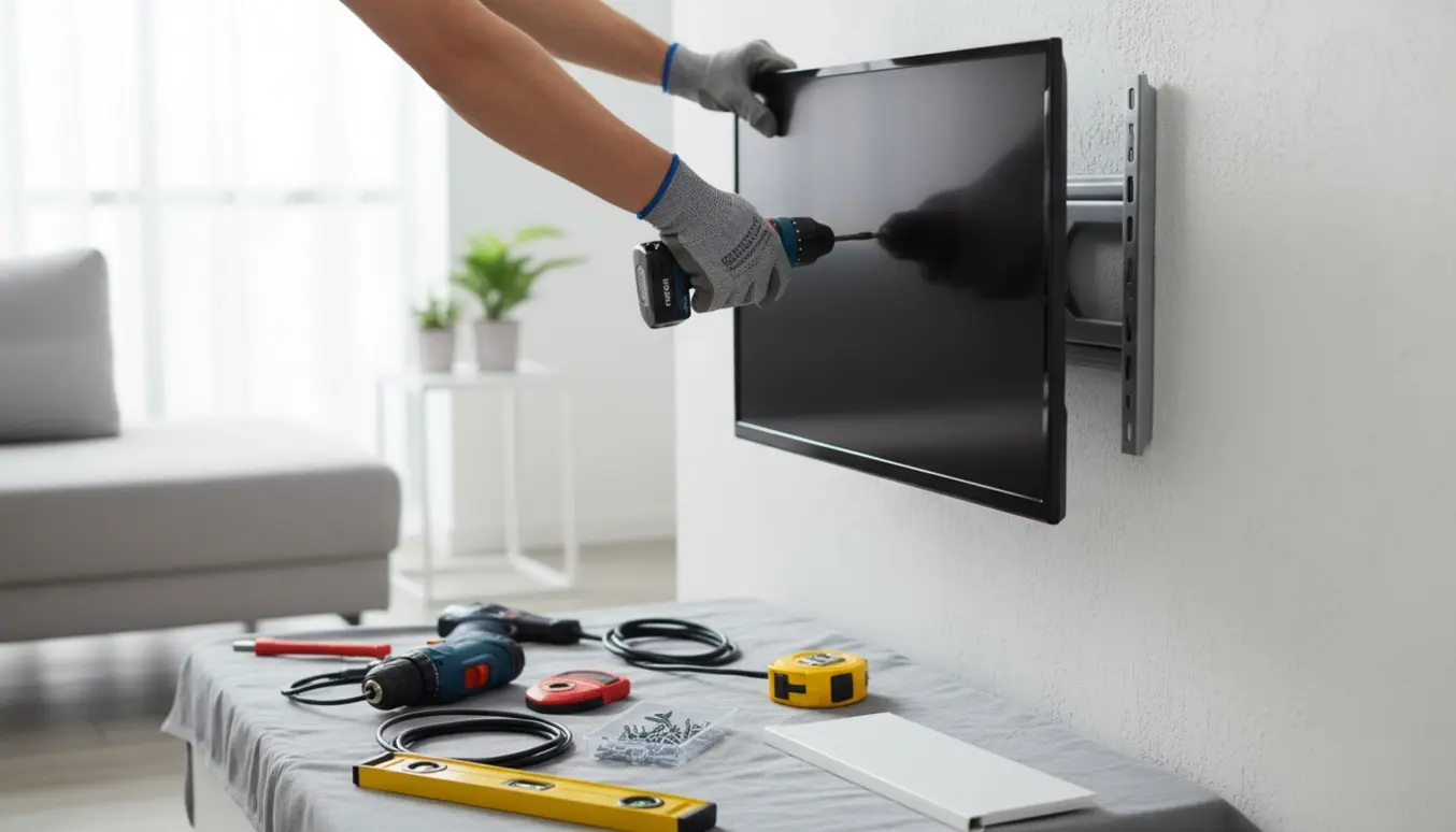 Arbejdshænder monterer et midtstort fladskærms-tv på et vægbeslag i en lys, moderne stue.
