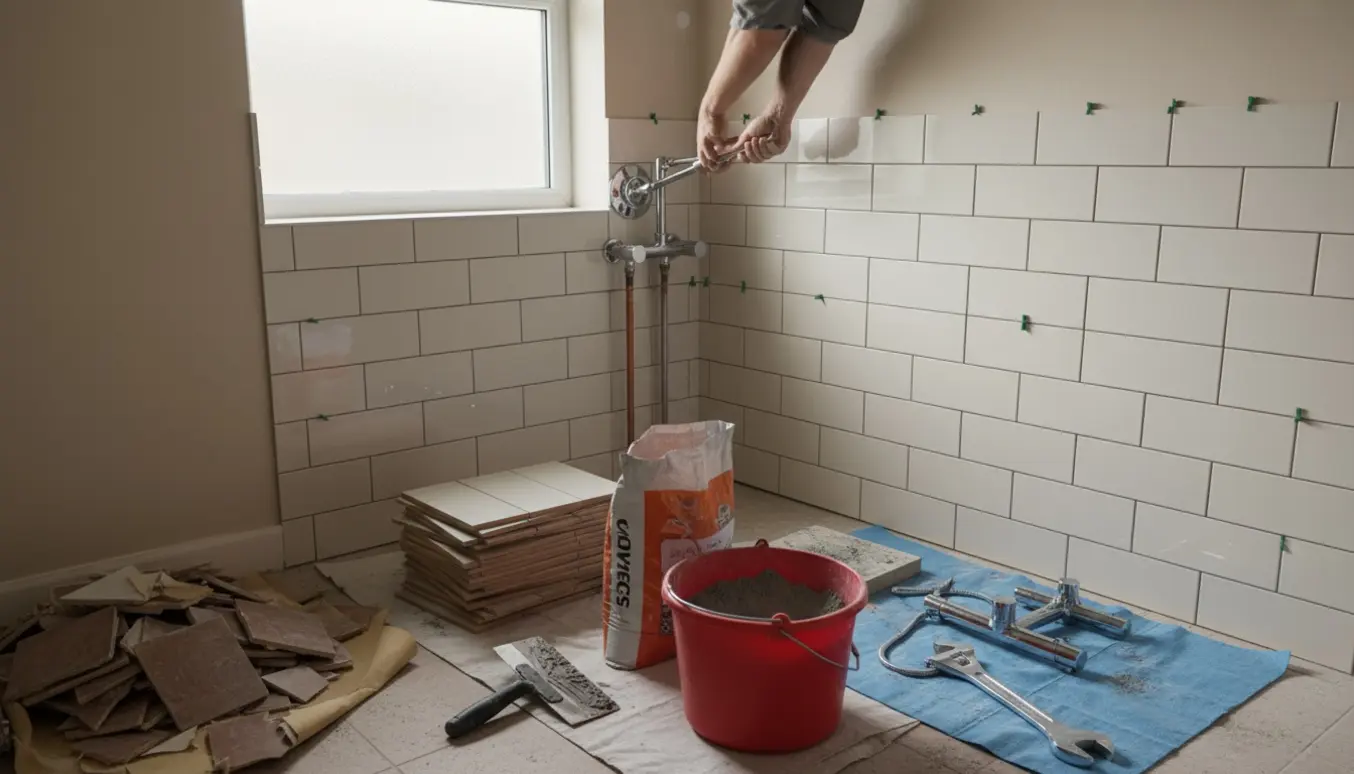 Et lille badeværelse under totalrenovering med nye fliser, værktøj og en bunke gamle materialer klar til bortskaffelse.