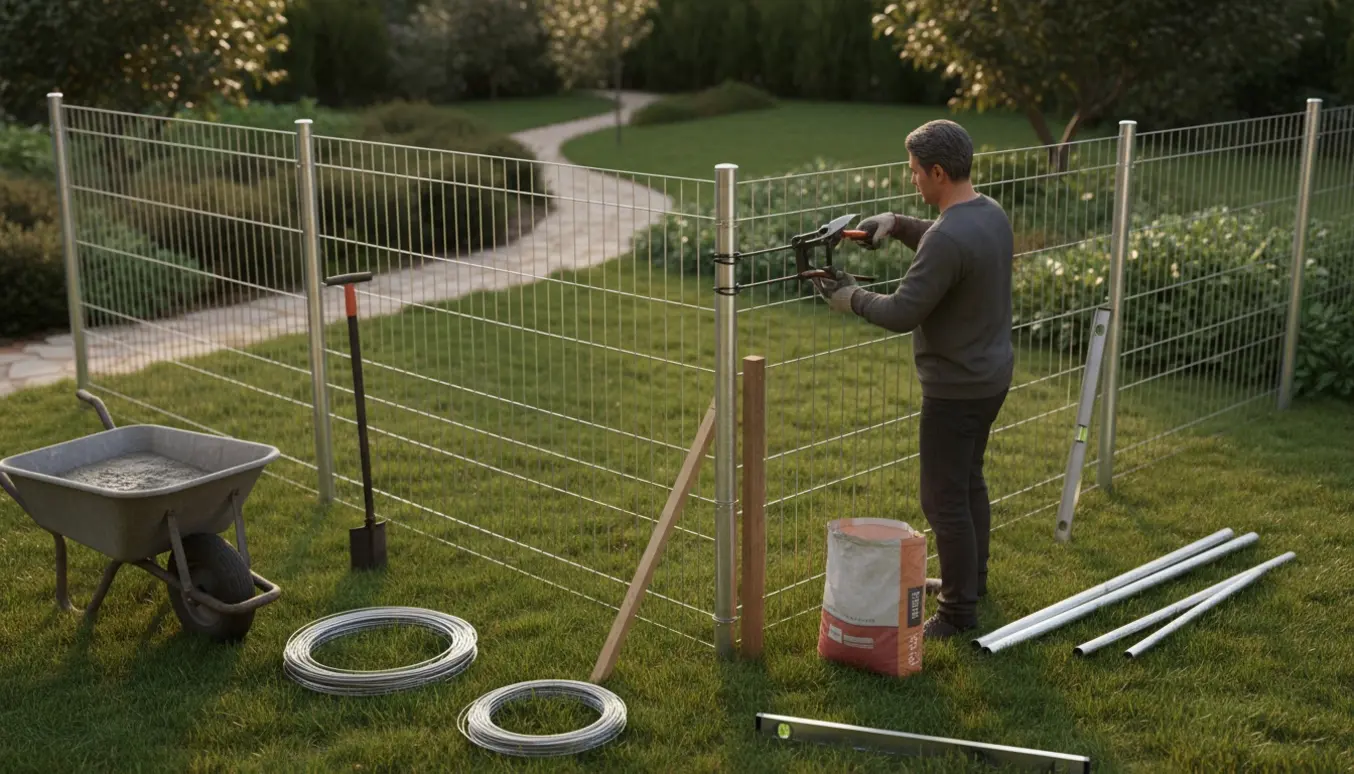 Opsætning af trådhegn i en lille have med pæle, trådnet og værktøj.