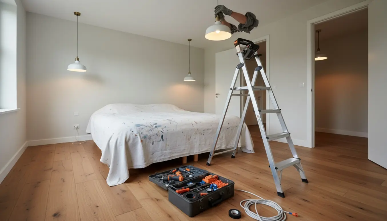 Hænder monterer en loftlampe i et soveværelse med værktøj og to andre værelser med lamper i baggrunden.