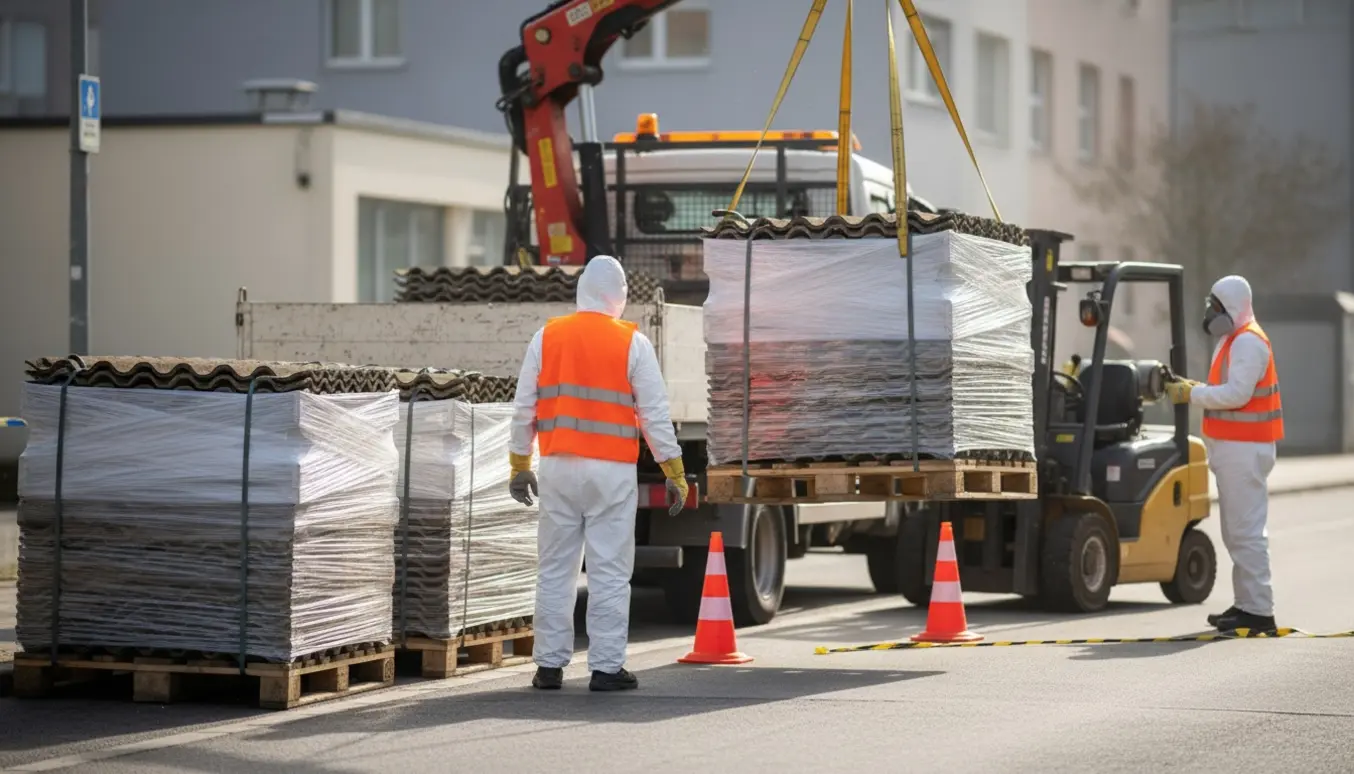 Tre paller med indpakkede gamle eternit tagplader på vejkant klar til afhentning med kran.