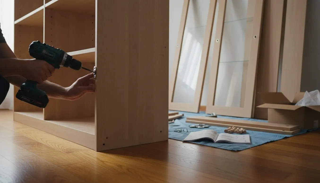 Hænder monterer et næsten færdigt Havsta vitrineskab på trægulv med skruer, værktøj og glaslåger ved siden af.