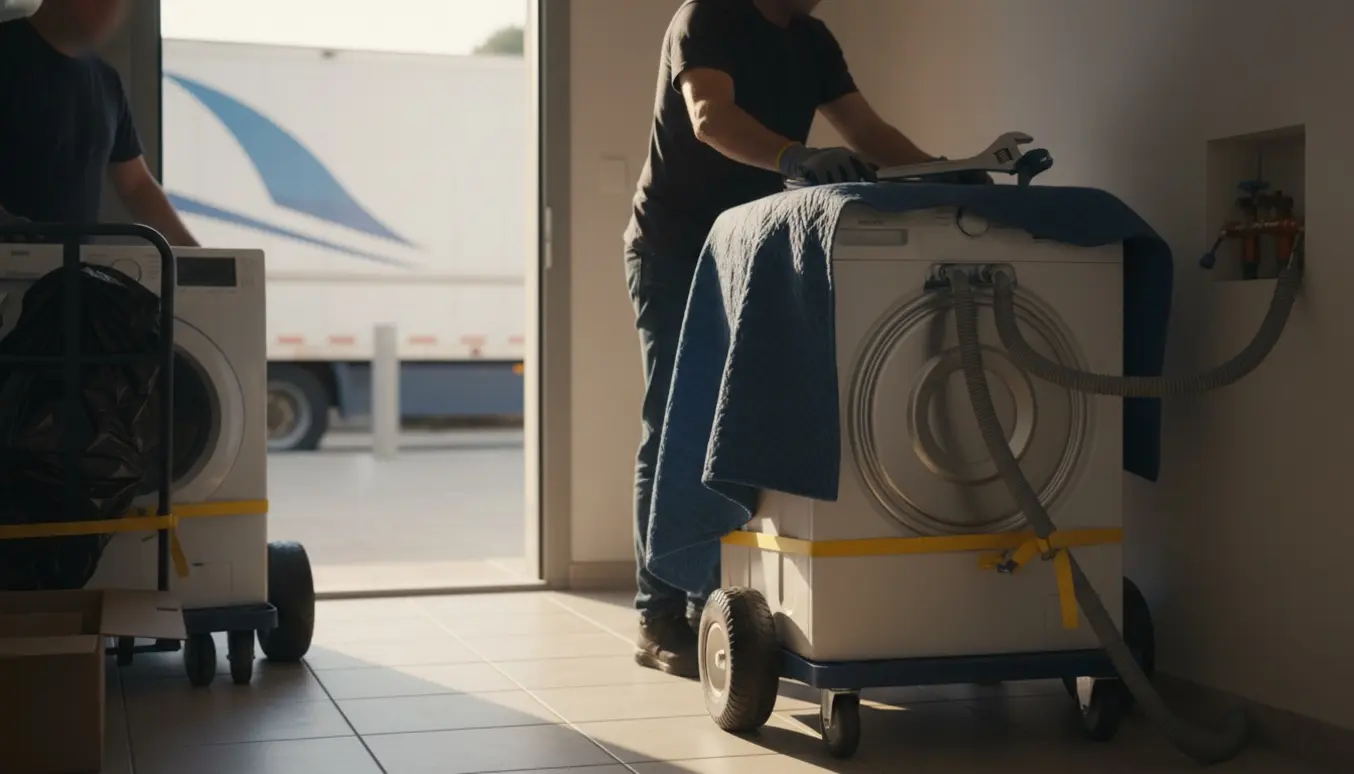 Flytning og tilslutning af en vaskemaskine i stueetagen, mens den gamle maskine bliver fjernet.