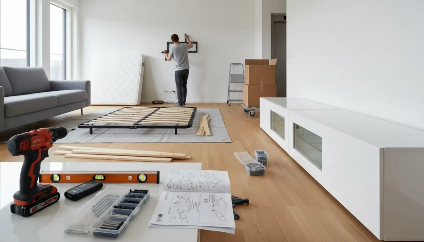 Hænder monterer et 75 tommer TV på væggen i en lys lejlighed med sengedele, tv-borde og værktøj klar til samling.