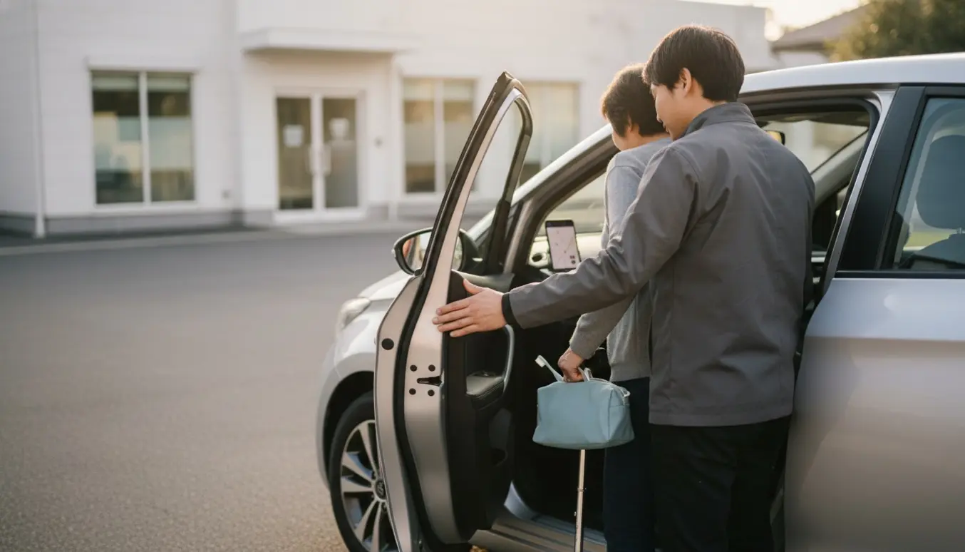 En chauffør hjælper en person ind i en bil om morgenen foran en tandlægeklinik.