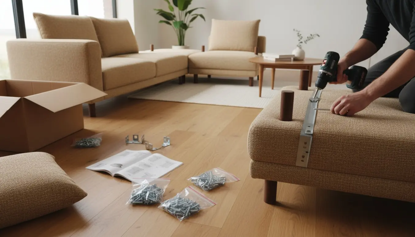 En person samler en stor beige U-formet sofa i en lys stue med værktøj og manual på gulvet.