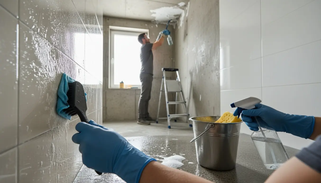 Nærfoto af rengøring i badeværelse med handsker, børste og spray, der fjerner kalk fra fliser, vægge og loft.