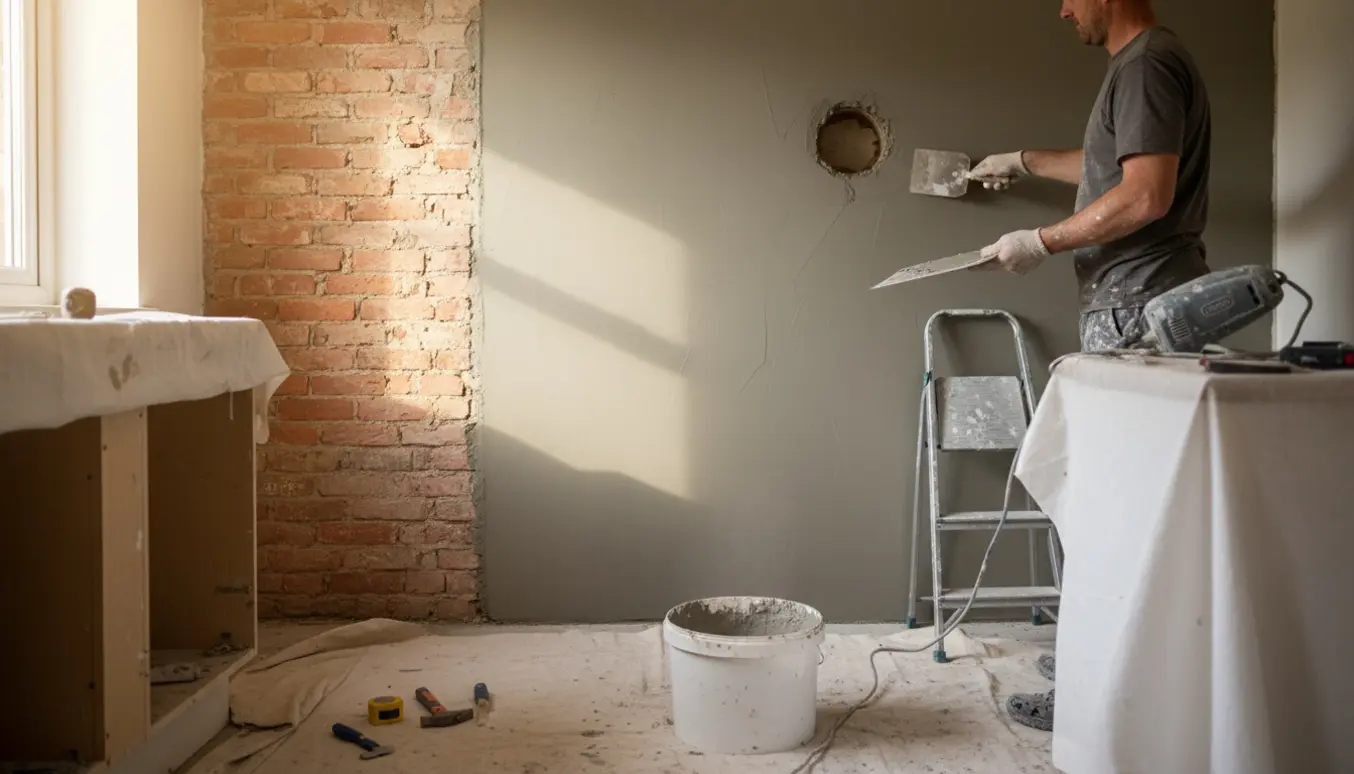 Hænder pudser en køkkenvæg med murske og våd puds, med synlige murstensrester og dækket hul efter emhætte.