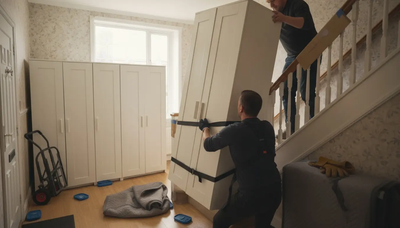 To personer løfter et tungt samlet skab op ad en smal trappe i et rækkehus med flytteudstyr omkring dem.