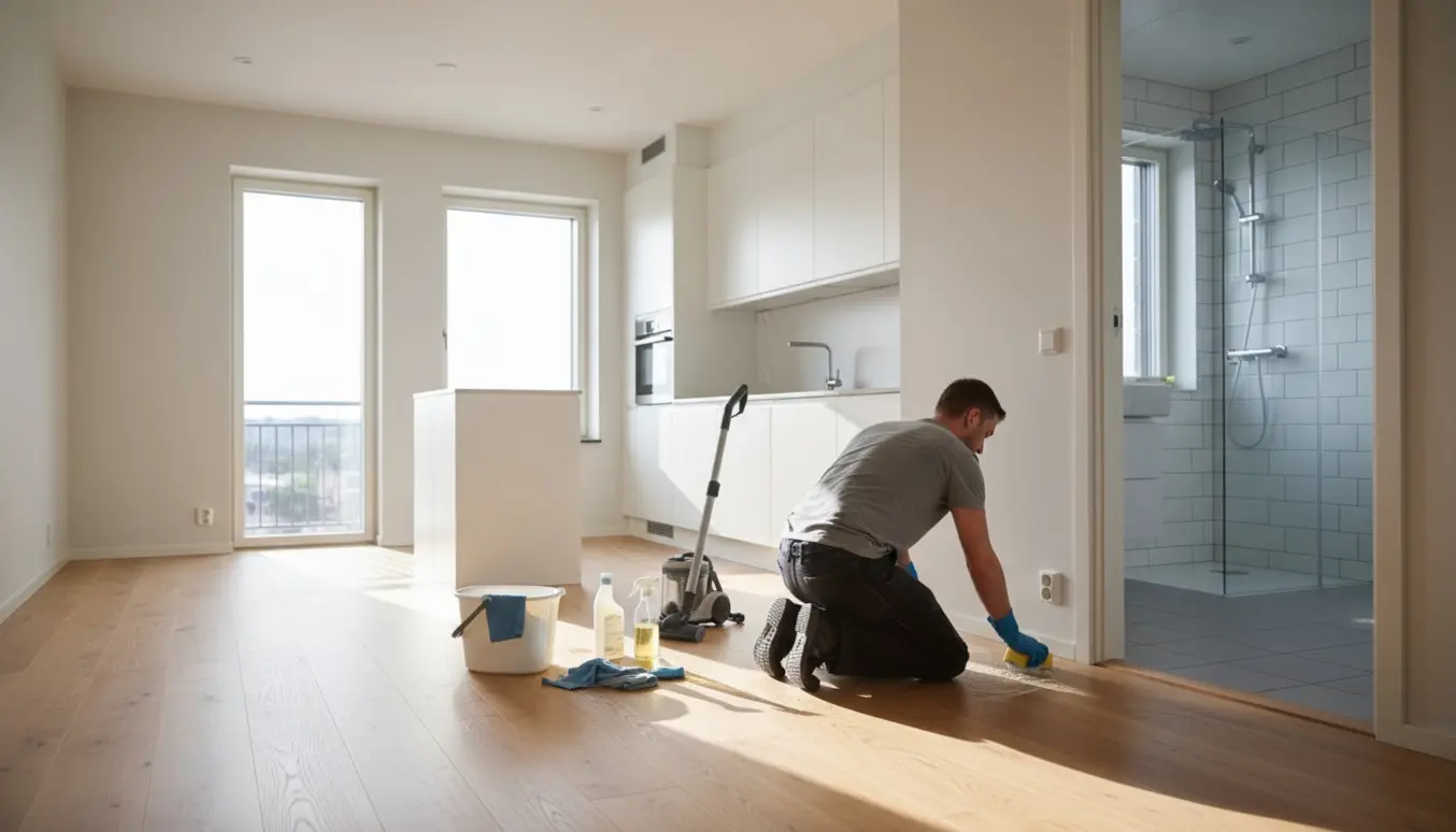 Hænder i gummihandsker rengør bundliste i en lys, tom lejlighed med åbent køkken og synligt badeværelse.