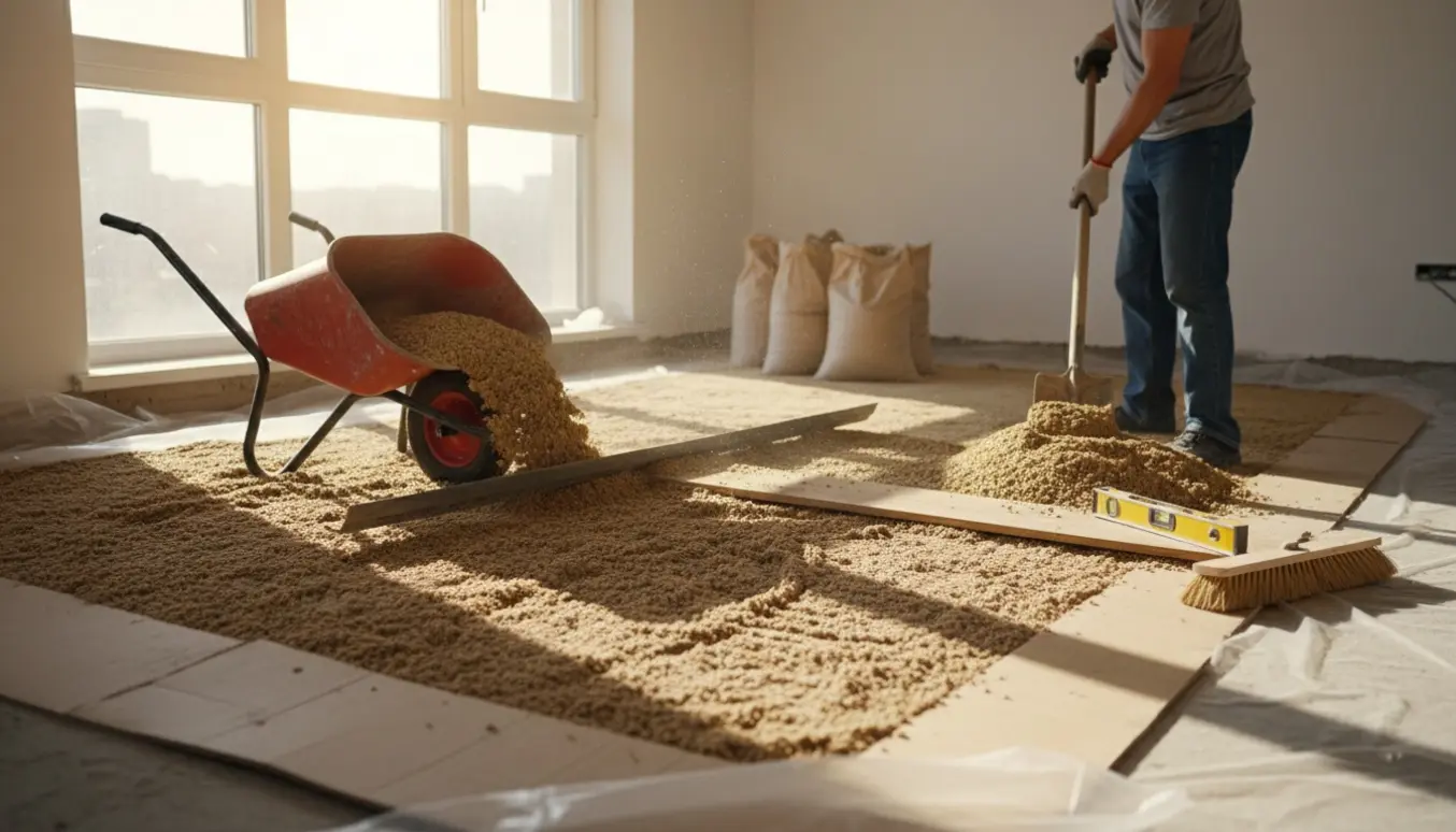 Håndværker udlægger og udjævner sand til gulv i en lys lejlighed.