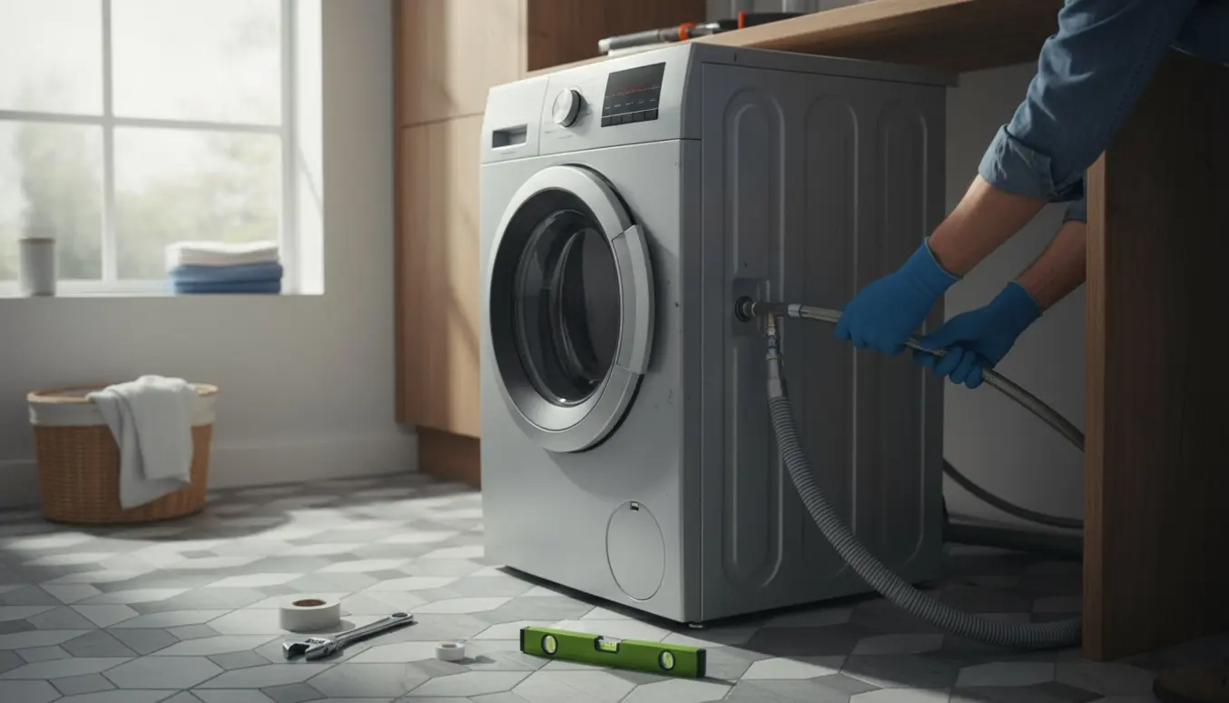 Hænder tilslutter en brugt frontbetjent vaske-tørre maskine i et lyst vaskerum.