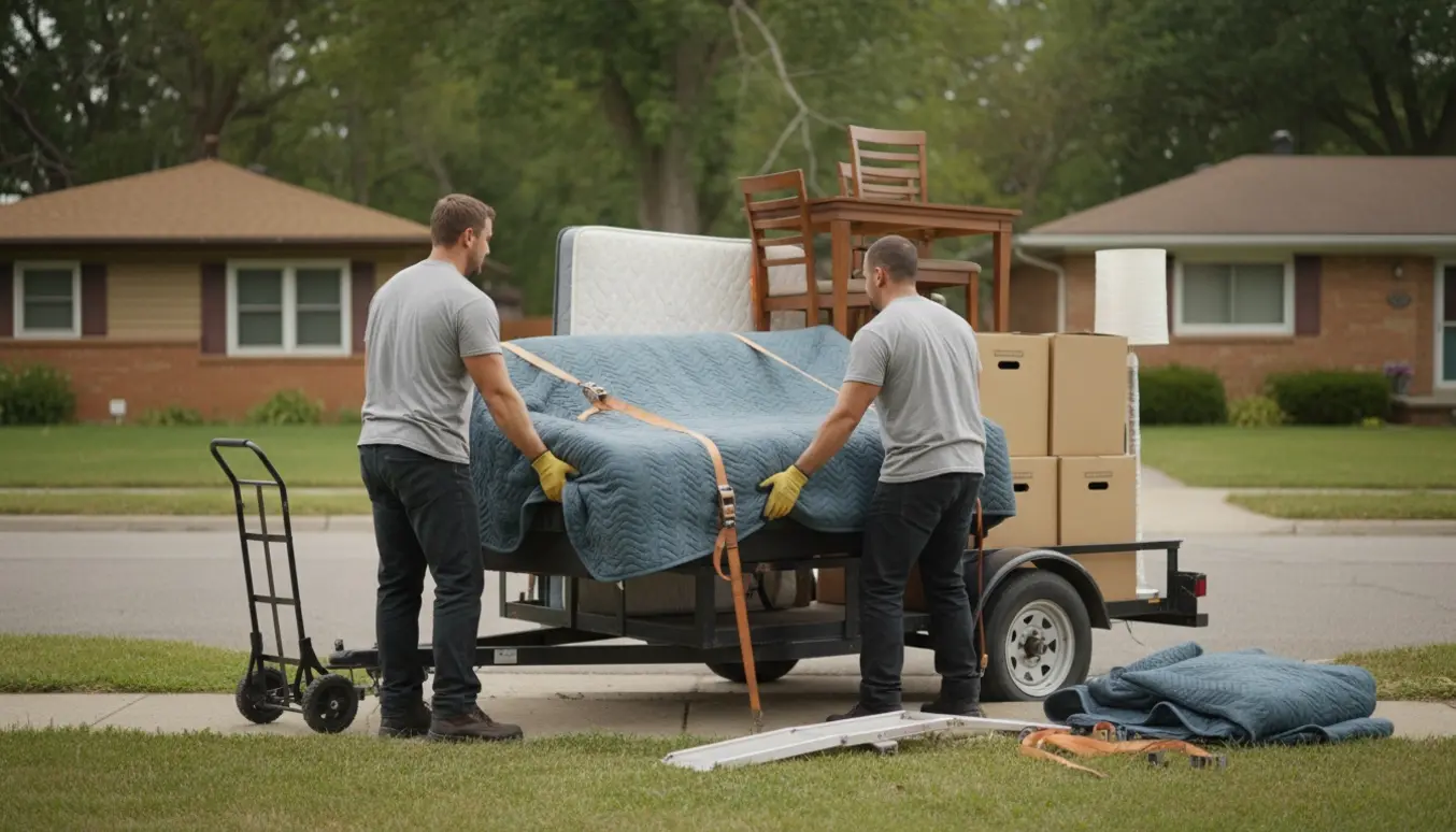To flyttemænd bærer en tung sovesofa på en åben trailer foran et rækkehus.
