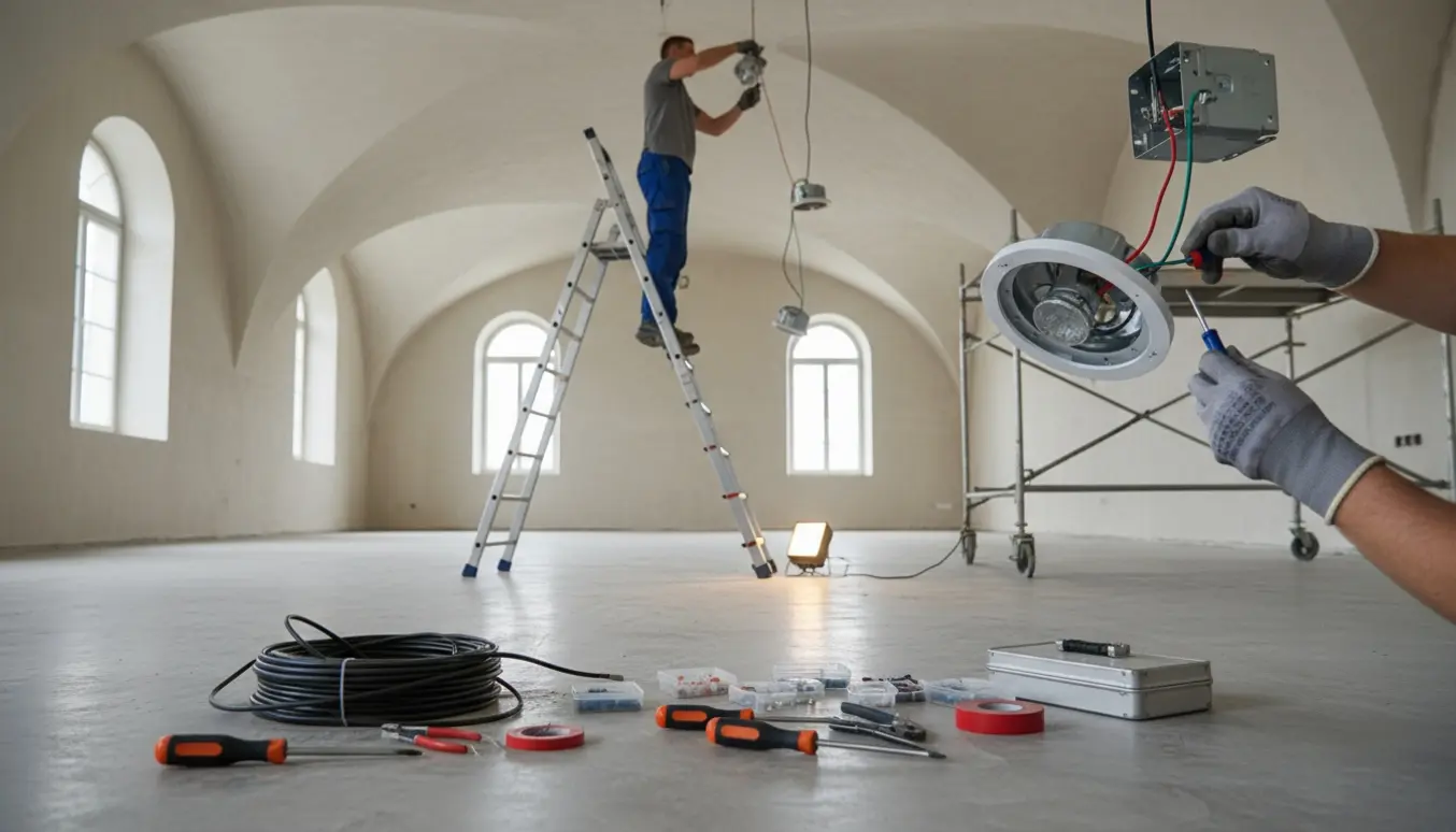 En håndværker på en høj stige tilslutter ledninger til indbyggede spots i et rum med højt loft.