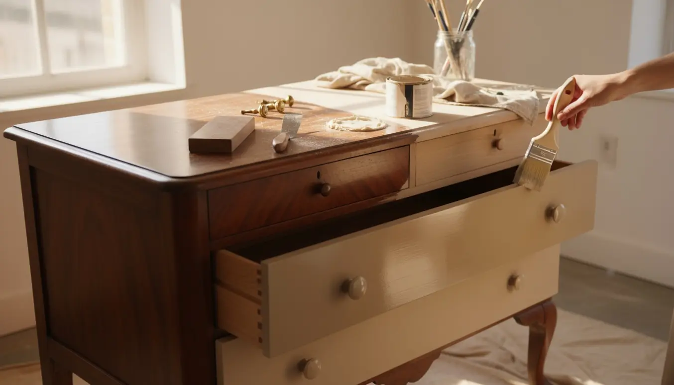 En ældre mahogni-kommode under slibning og håndmaling med pensel, spartel og åben malerbøtte.