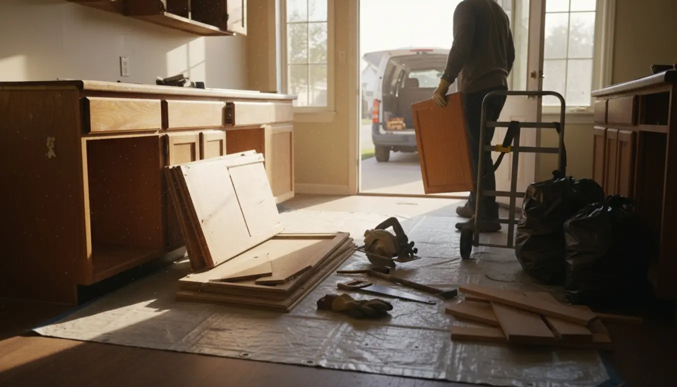 Et gammelt køkken tømmes med skabsdele, værktøj og affald klar til afhentning gennem en åben dør.