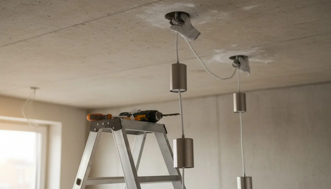 To lamper monteres i et råt betonloft med trappestige, hvide ledninger og værktøj synligt.