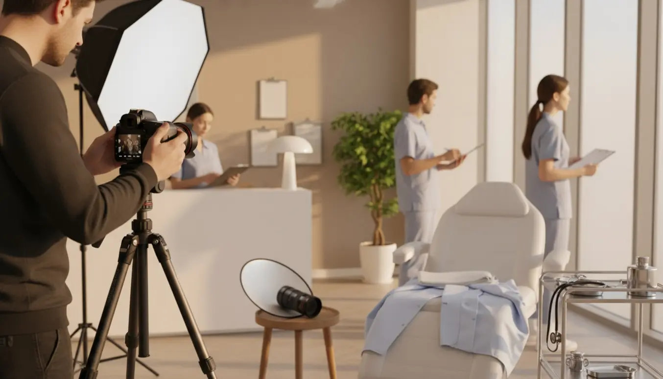 Fotograf tager billeder af klinikpersonale og behandlingsrum i et lyst, moderne lokale, hvor ansigter er delvist skjulte.