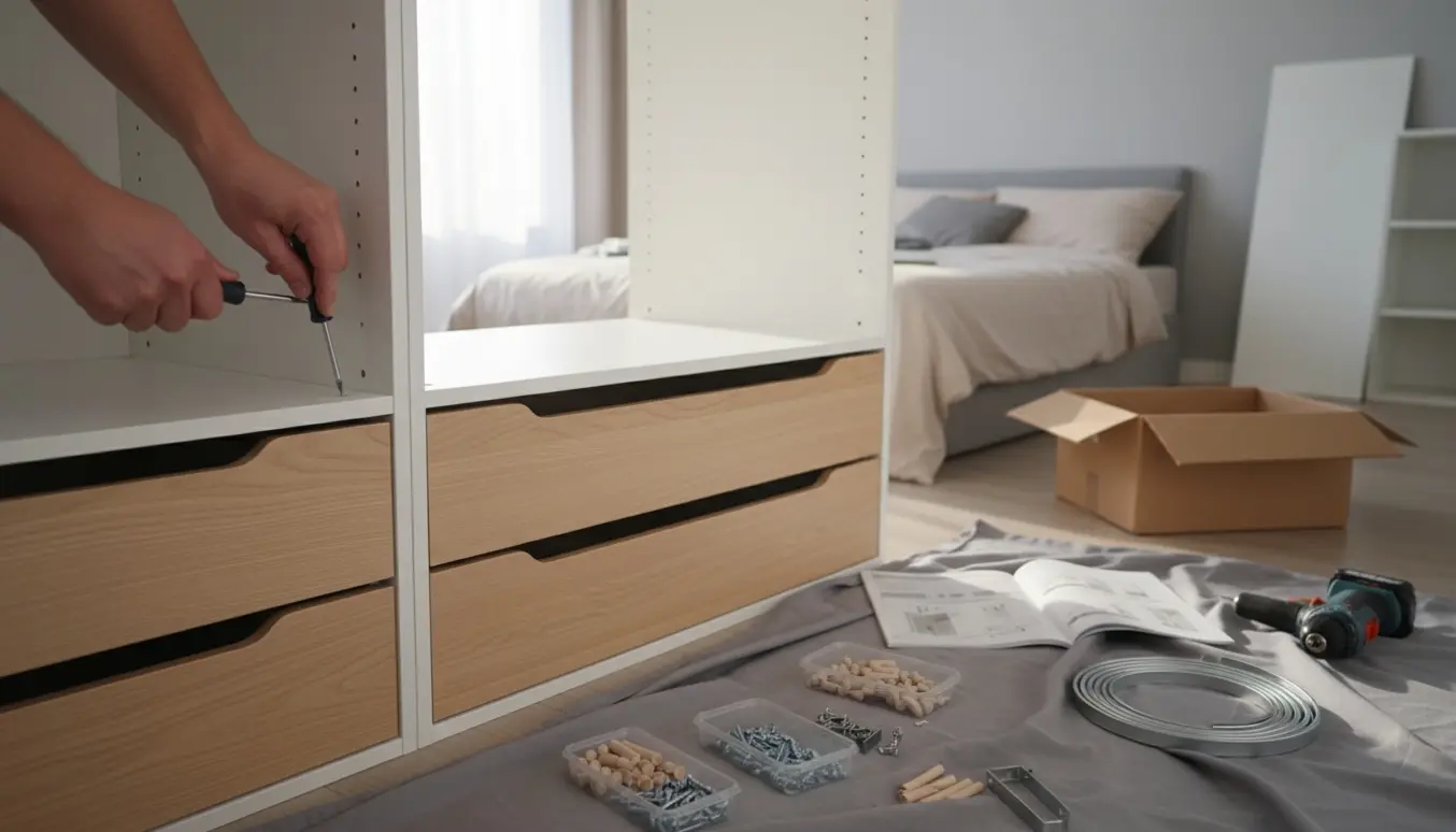 Halvmonteret PAX-lignende garderobe med værktøj og hænder, der strammer skruer i et lyst soveværelse.