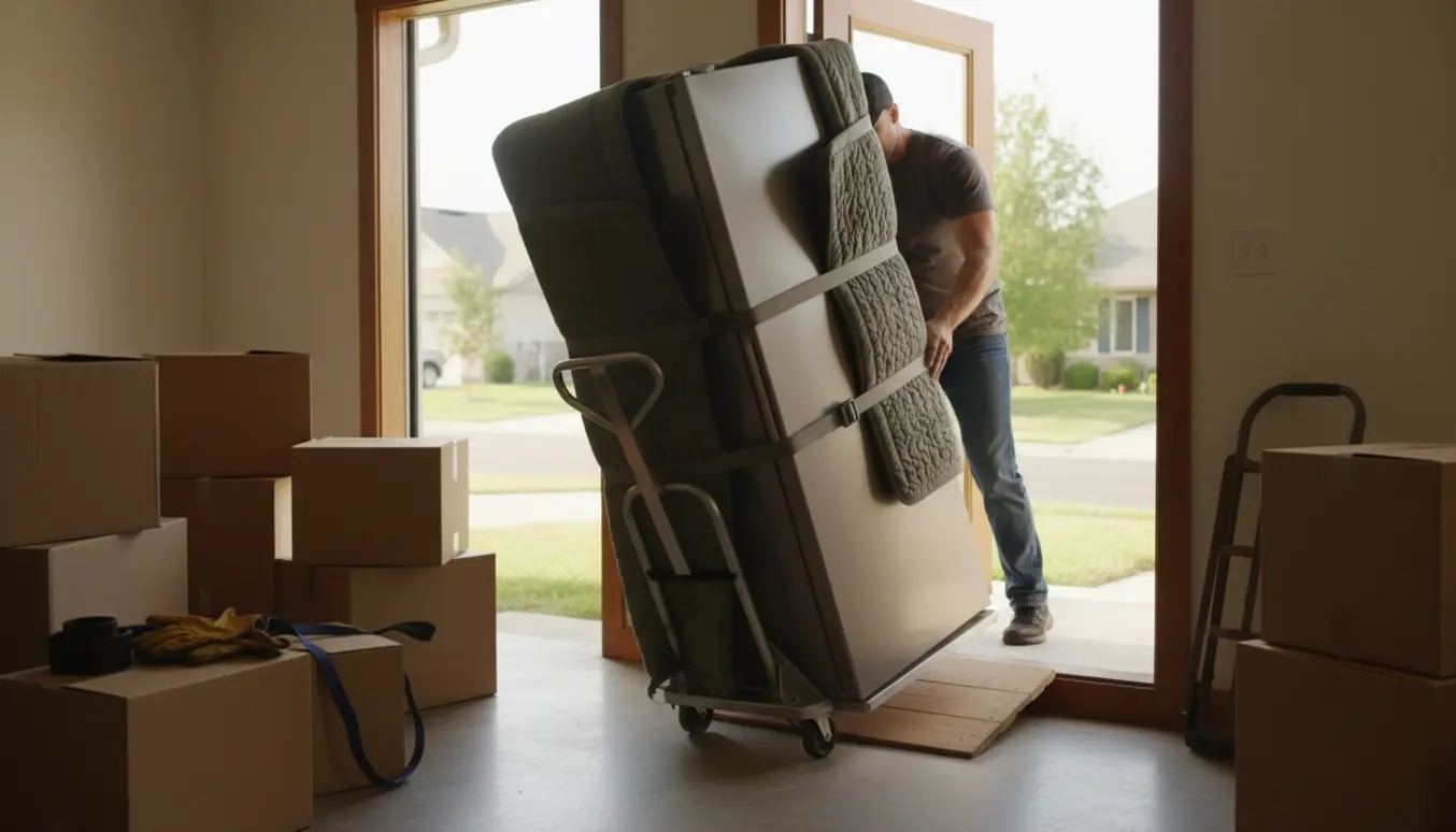 To flyttemænd kører et højt køleskab på en dolly ind gennem husets døråbning med flyttevogn parkeret udenfor.
