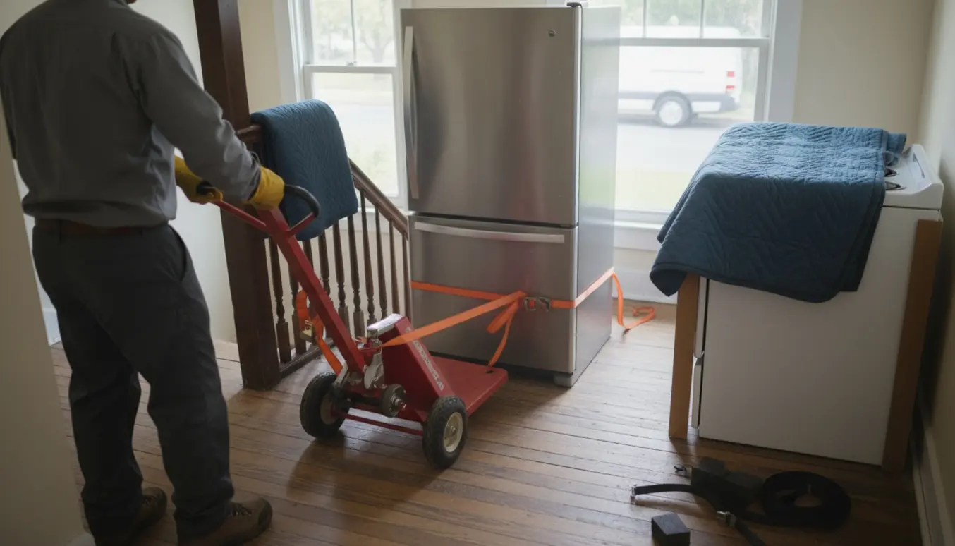 Køleskab og komfur på en trappeopgang, beskyttet med flyttetæpper og en mand set bagfra, klar til at blive båret ned.