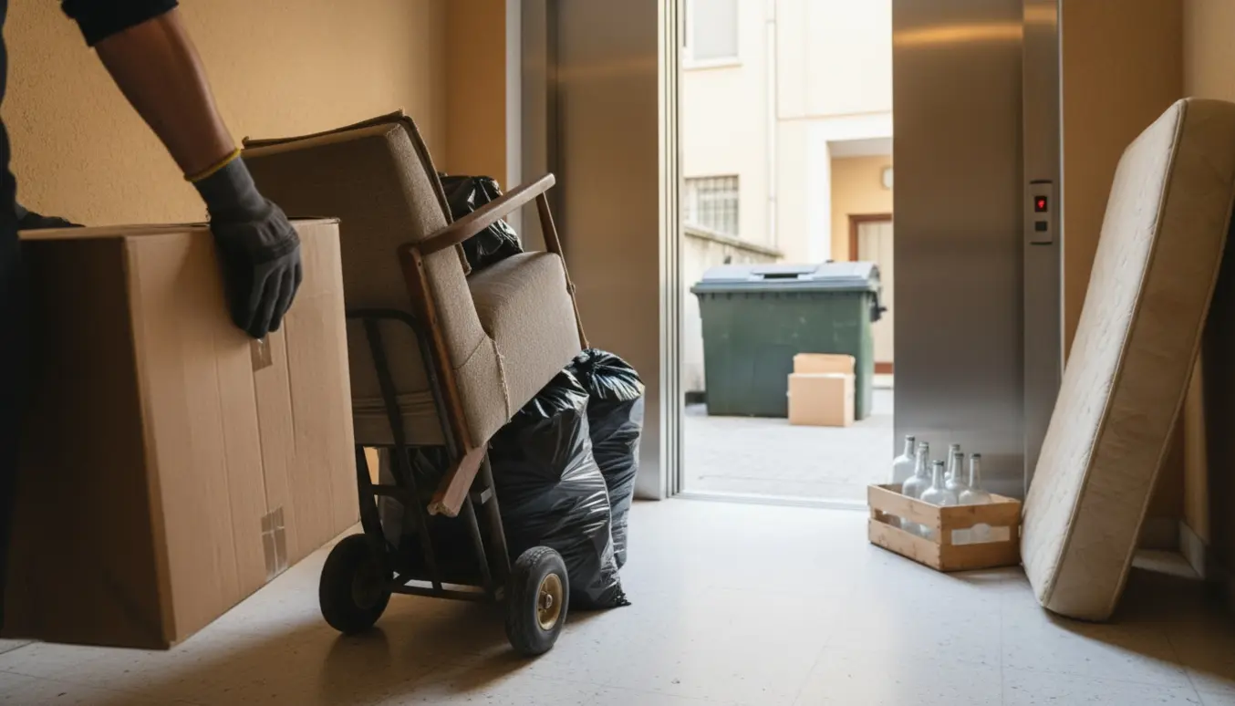 Person set bagfra bærer storskrald og en tralle mod en åben vareelevator på vej til en container i gården.