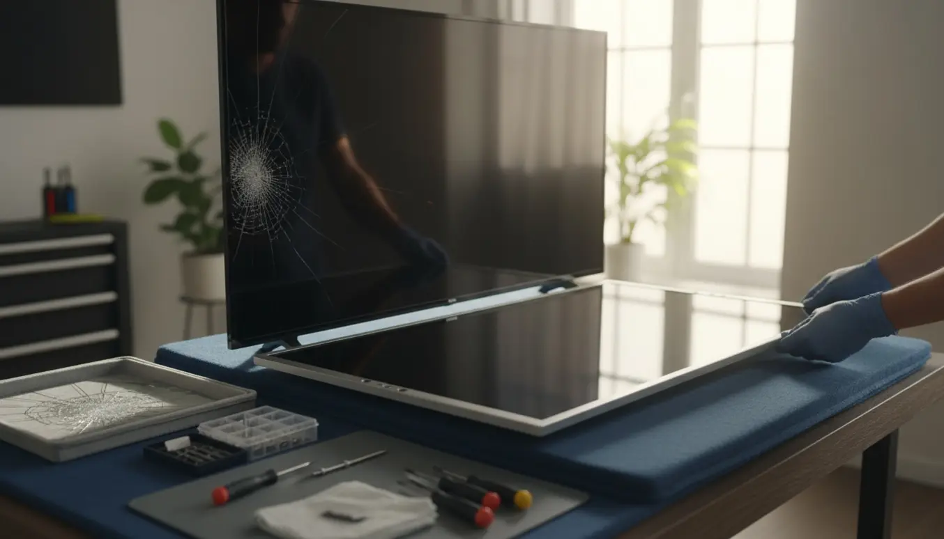 Hænder udskifter en ødelagt 55-tommer Philips-skærm på et polstret bord med værktøj omkring.