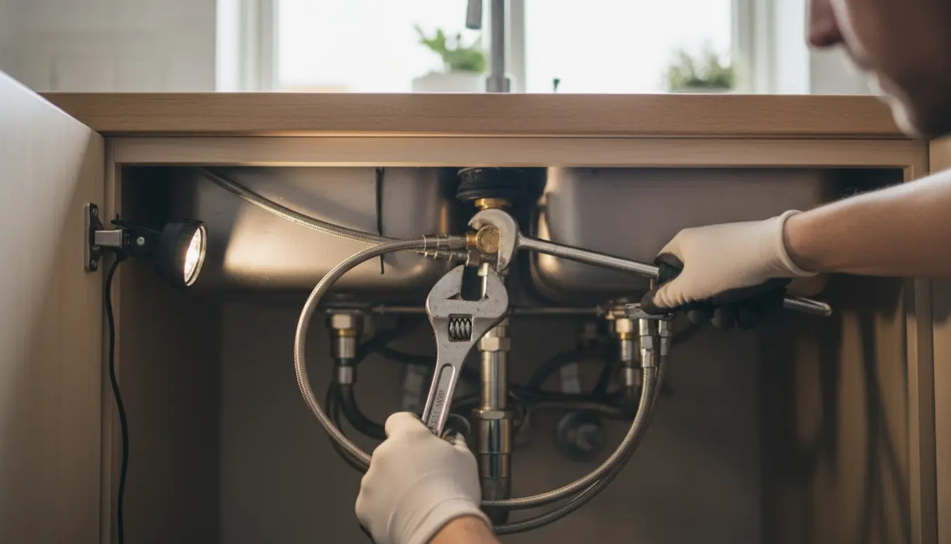 Hænder spænder en løs køkkenvaskvandhane under vaskeskabet med en svensknøgle og arbejdslampe.