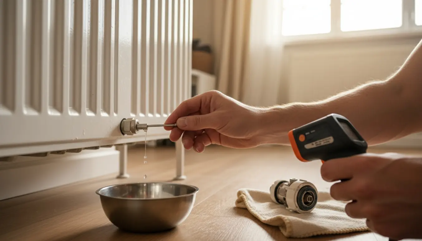 Hænder bruger en udluftningsnøgle på en radiator med termostathoved lagt til side og en skål til opsamling af vand.