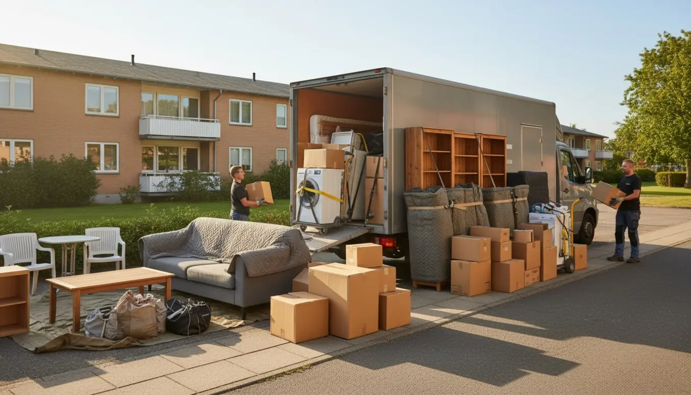 Flyttevogn og stabler af flyttekasser og møbler foran en lejlighed i Ishøj uden synlige ansigter.