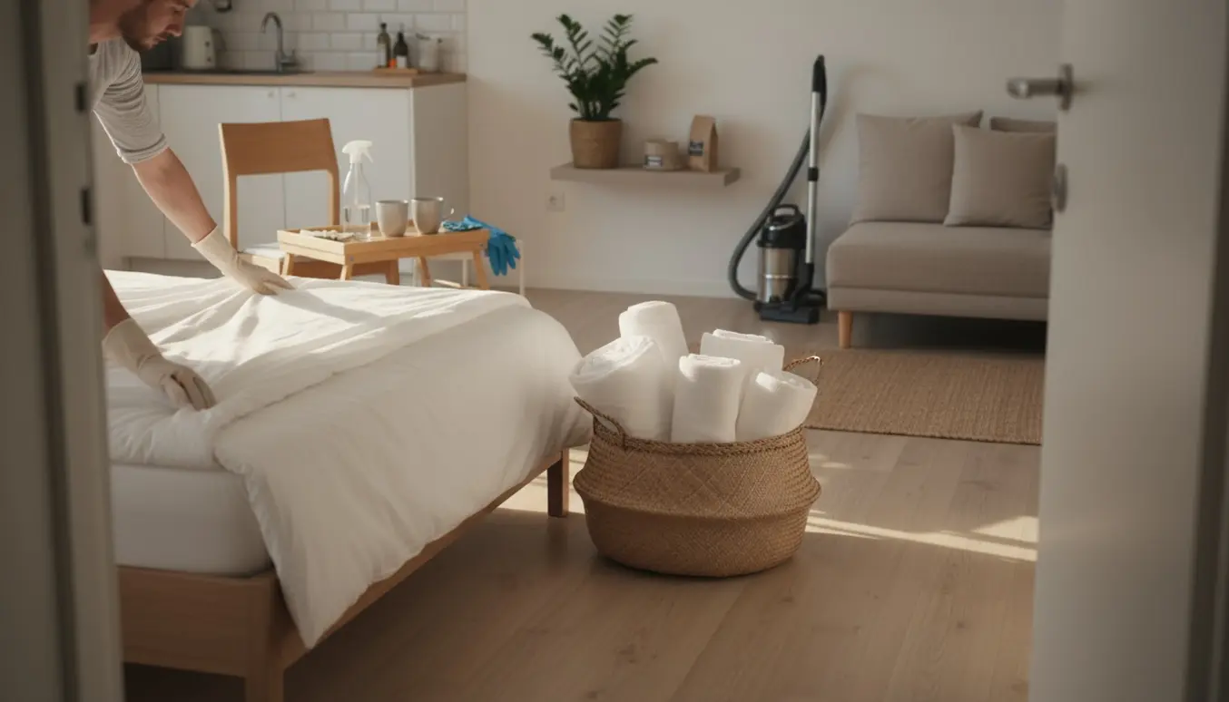 Hænder retter lagen i en solfyldt Airbnb-lejlighed med nyvasket sengetøj og organiserede rengøringsredskaber.