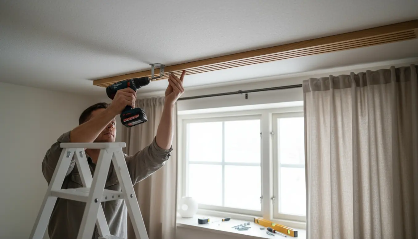 Hænder på en stige skruer en loftsbeslag til gardinstang op med en dekorativ liste i forgrunden.