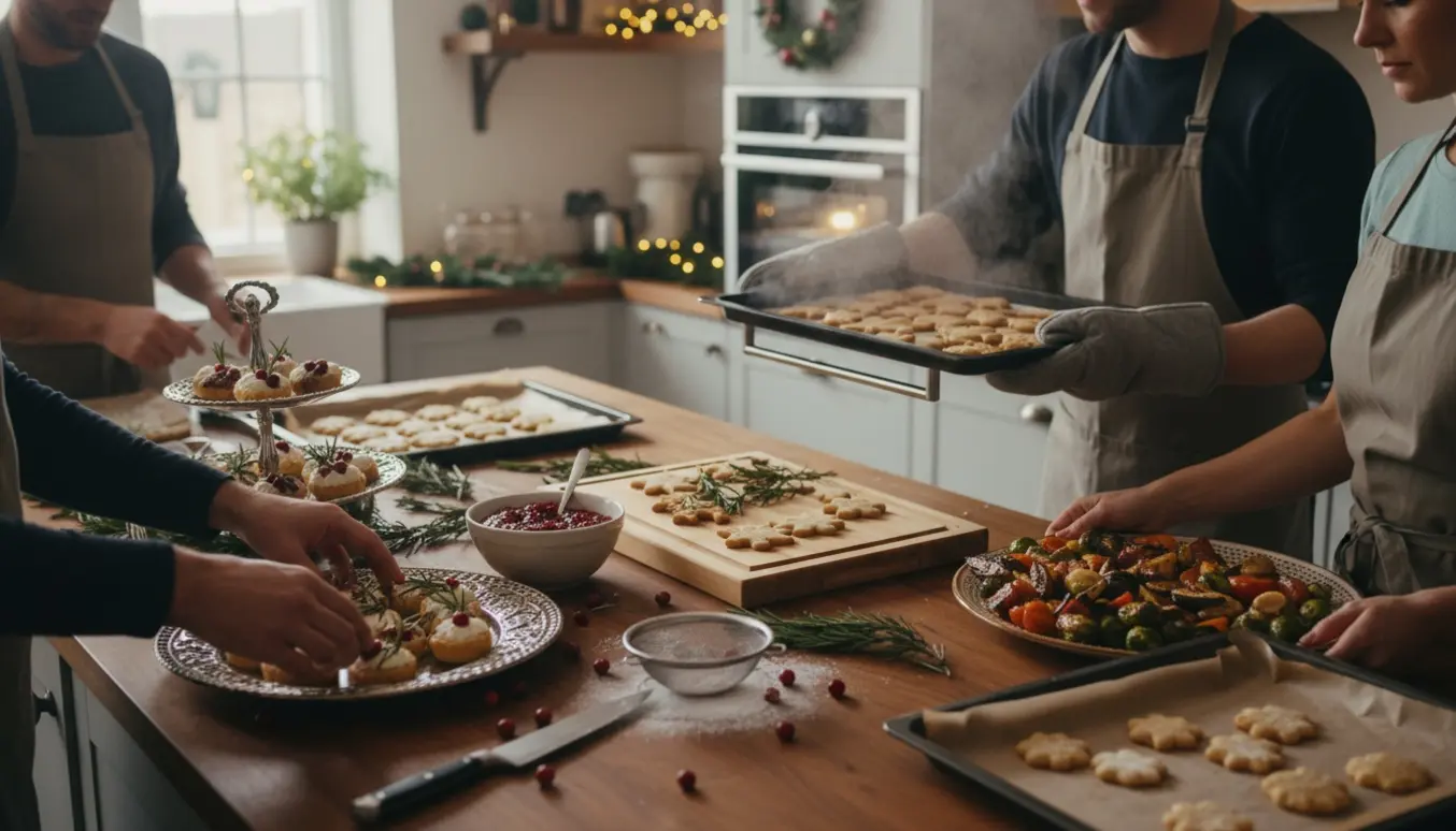 Hænder anretter julefingermad på et træbord i et varmt køkken med julepynt i baggrunden.