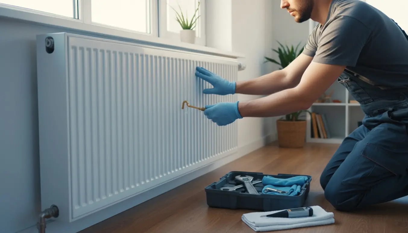 Tekniker tjekker kolde radiatorer ved vinduet med værktøj, uden at ansigtet ses.