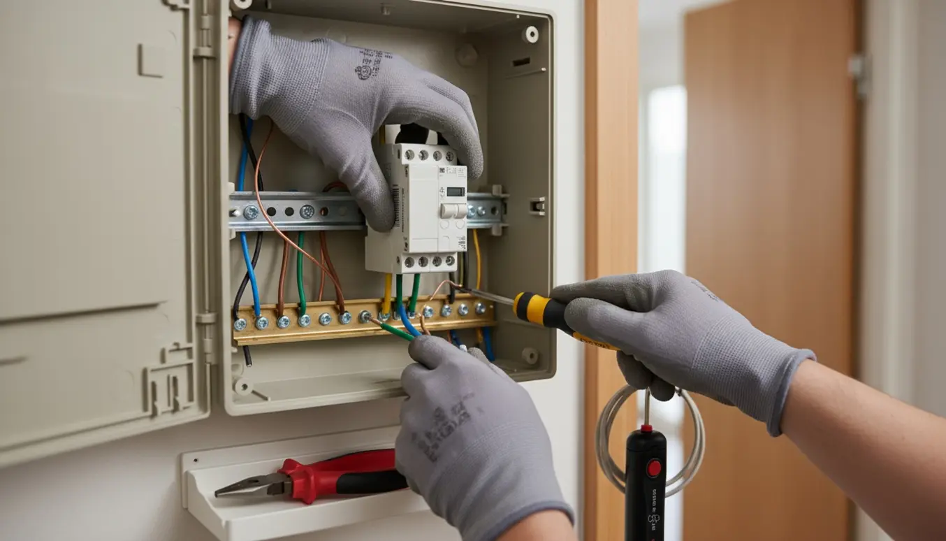 Nærbillede af elektrikerhænder, der monterer HPFI og tilslutter jordleder i en moderne eltavle i en lejlighed.